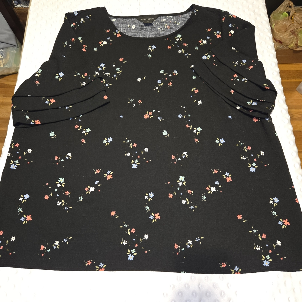 Investments Black Floral‎ Print Ruffle Sleeve Shirt XL Feminine Understated